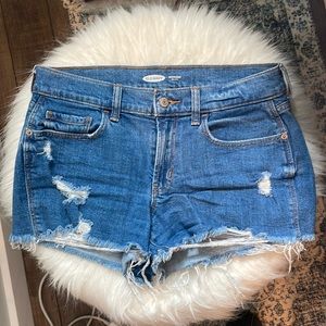 Distressed mid rise jean shorts